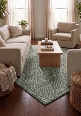 Saffron Rugs Hand Tufted Sage Green Swirls Contemporary Rectangular Wool Area Rug