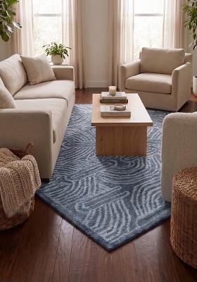 Saffron Rugs Hand Tufted Slate Blue Swirls Contemporary Rectangular Wool Area Rug