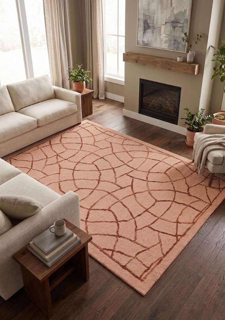 Saffron Rugs Hand Tufted Peach Trellis Moroccan Rectangular Wool Area Rug - Indya
