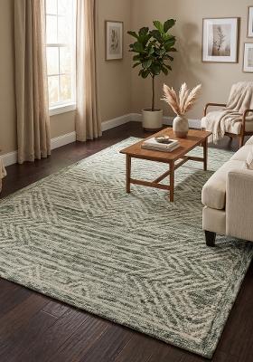 Saffron Rugs Hand Tufted Sage Green Geometric Bohemian Rectangular Wool Area Rug