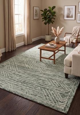 Saffron Rugs Hand Tufted Sage Green Geometric Bohemian Rectangular Wool Area Rug