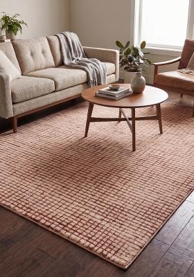 Saffron Rugs Hand Tufted Terracotta Peach Checkered Contemporary Rectangular Wool Area Rug
