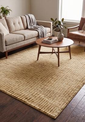 Saffron Rugs Hand Tufted Mustard Beige Checkered Contemporary Rectangular Wool Area Rug