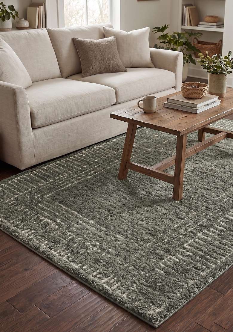 100% Wool Handmade Sage Green Rug | Bohemian Geometric Carpet With Cotton Backing For Living Room - Indya