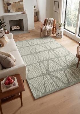 Saffron Rugs Hand Tufted Sage Green Geometric Bohemian Rectangular Wool Area Rug