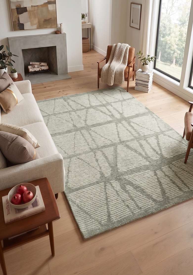 100% Wool Handmade Sage Green Rug | Bohemian Geometric Carpet With Cotton Backing For Living Room - Indya