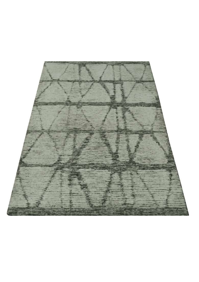 100% Wool Handmade Sage Green Rug | Bohemian Geometric Carpet With Cotton Backing For Living Room - Indya