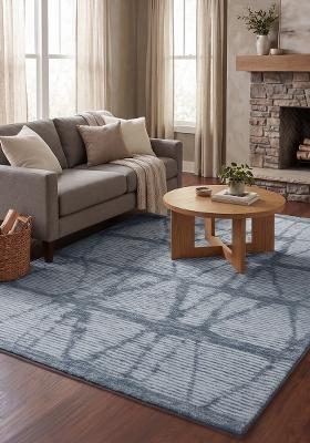 Saffron Rugs Hand Tufted Light Blue Grey Geometric Bohemian Rectangular Wool Area Rug