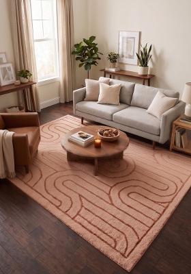 Saffron Rugs Hand Tufted Terracotta Pink Geometric Contemporary Rectangular Wool Area Rug