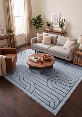 Saffron Rugs Hand Tufted Light Blue Geometric Contemporary Rectangular Wool Area Rug