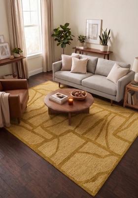 Saffron Rugs Hand Tufted Mustard Gold Geometric Contemporary Rectangular Wool Area Rug
