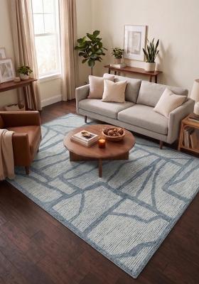 Saffron Rugs Hand Tufted Light Blue Grey Geometric Contemporary Rectangular Wool Area Rug