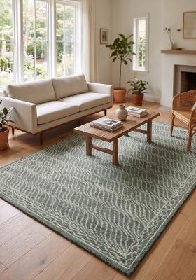 Saffron Rugs Hand Tufted Sage Green Geometric Contemporary Rectangular Wool Area Rug