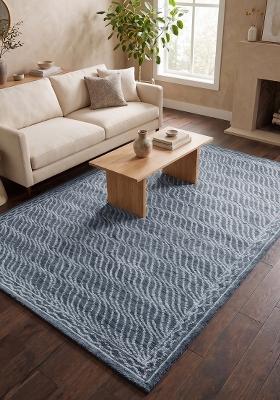 Saffron Rugs Hand Tufted Slate Blue Geometric Contemporary Rectangular Wool Area Rug