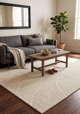 Saffron Rugs Hand Tufted Ivory Swirls Contemporary Rectangular Wool Area Rug