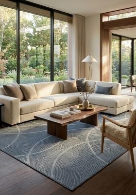 Saffron Rugs Hand Tufted Slate Blue Swirls Contemporary Rectangular Wool Area Rug