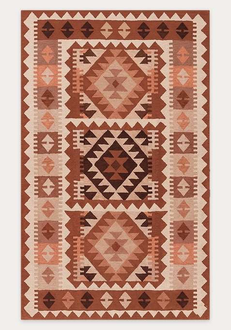 100% Wool Handmade Rust Brown Rug | Bohemian Geometric Carpet With Cotton Backing For Living Room