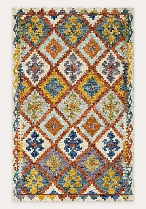 100% Wool Handmade Multicolor Rug | Bohemian Aztecs Carpet With Cotton Backing For Living Room