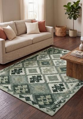 Saffron Rugs Hand Tufted Green  Bohemian Rectangular Wool Area Rug