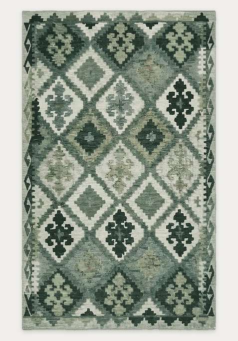 100% Wool Handmade Green Rug | Bohemian Aztecs Carpet With Cotton Backing For Living Room