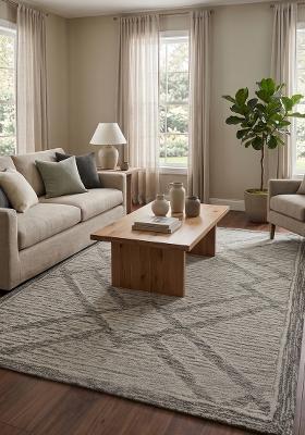 Saffron Rugs Hand Tufted Ivory Grey Trellis Bohemian Rectangular Wool Area Rug