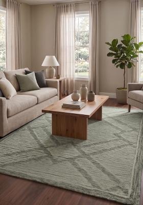 Saffron Rugs Hand Tufted Sage Green Trellis Bohemian Rectangular Wool Area Rug
