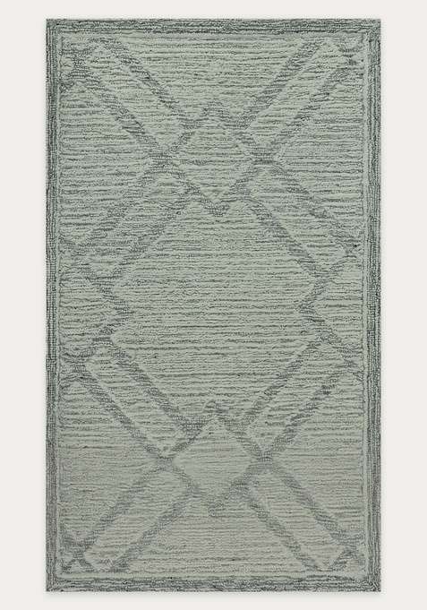 100% Wool Handmade Sage Green Rug | Bohemian Trellis Carpet With Cotton Backing For Living Room