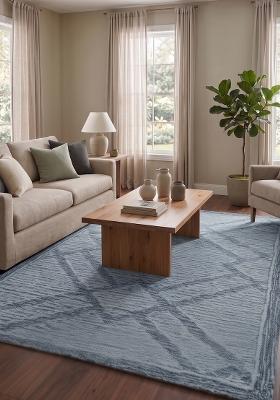 Saffron Rugs Hand Tufted Dusty Blue Trellis Bohemian Rectangular Wool Area Rug