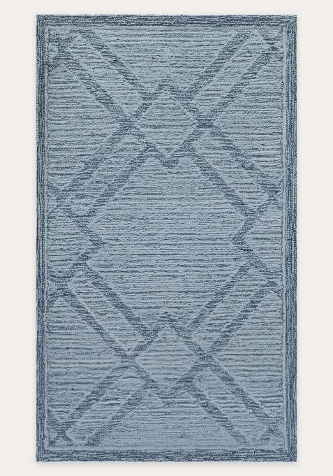 100% Wool Handmade Dusty Blue Rug | Bohemian Trellis Carpet With Cotton Backing For Living Room