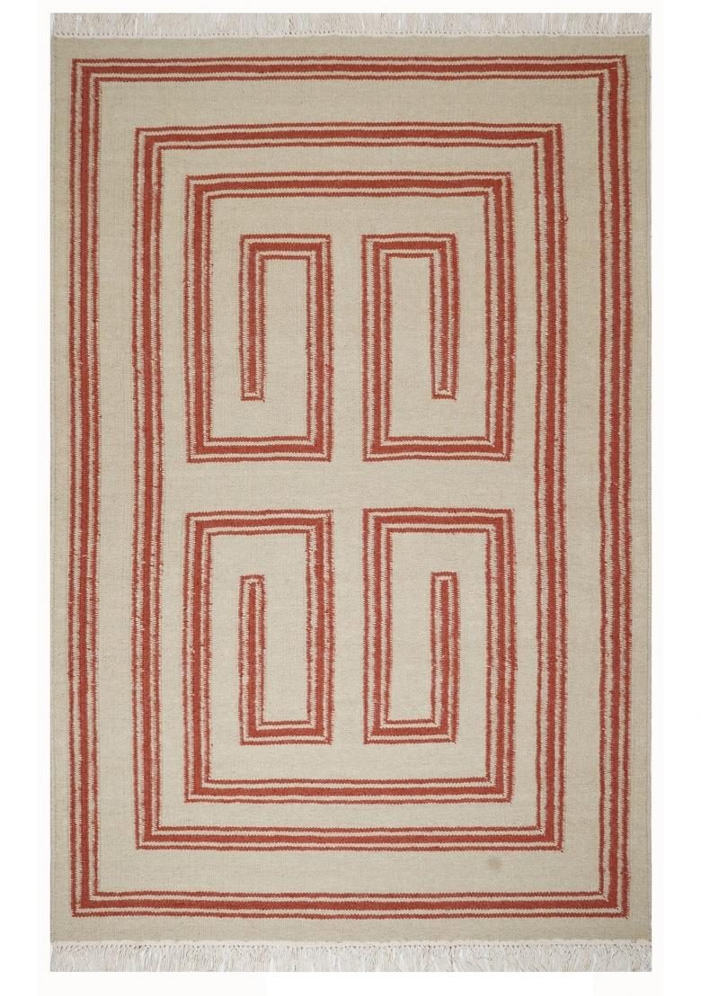 Saffron Rugs Flat Woven Beige Geometric Bohemian Rectangular Wool Area Rug - Indya