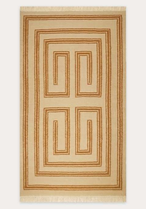 100% Wool Handmade Cream Rug | Bohemian Geometric Flat Weave Reversible Carpet For Living Room
