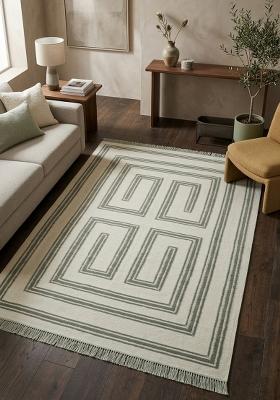 Saffron Rugs Flat Woven Ivory Green Geometric Bohemian Rectangular Wool Area Rug