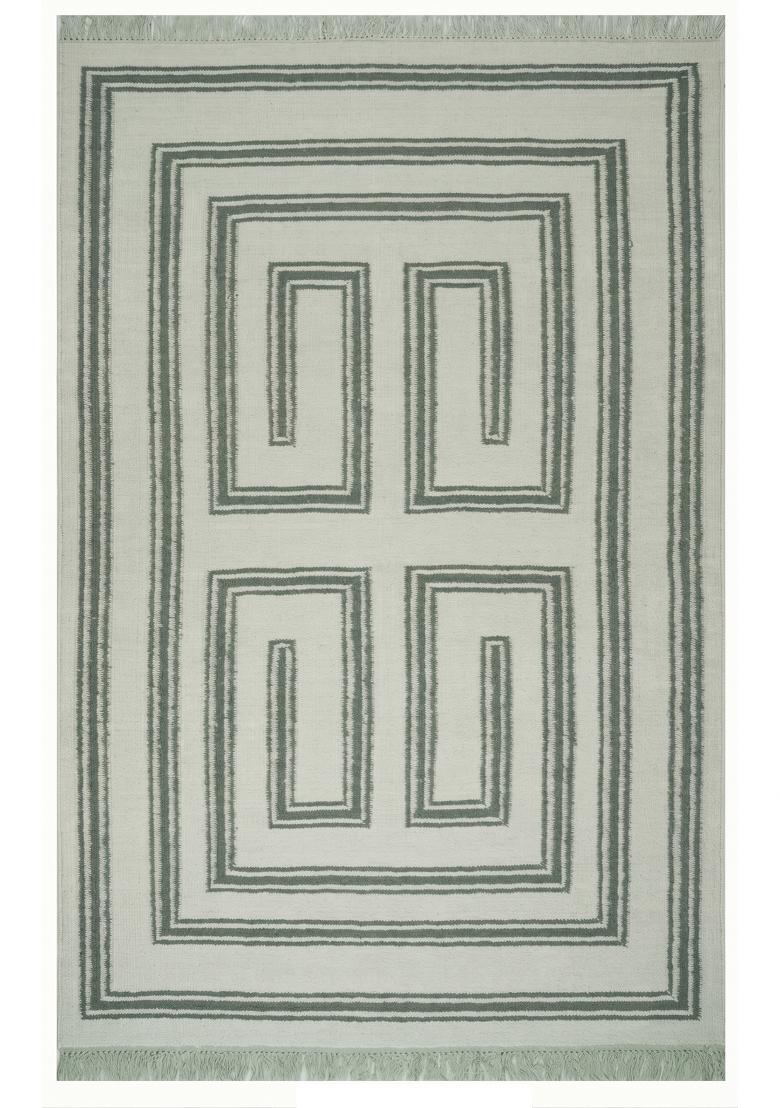 Saffron Rugs Flat Woven Ivory Green Geometric Bohemian Rectangular Wool Area Rug - Indya