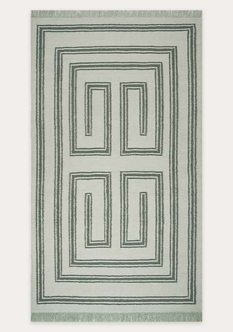 100% Wool Handmade Ivory Green Rug | Bohemian Geometric Flat Weave Reversible Carpet For Living Room