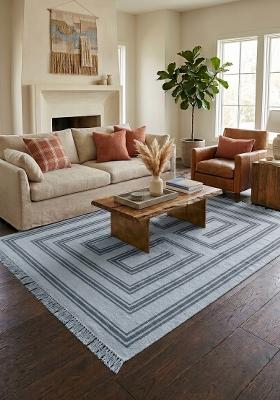 Saffron Rugs Flat Woven Light Blue Grey Geometric Bohemian Rectangular Wool Area Rug