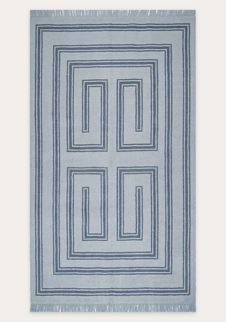 Saffron Rugs Handmade Wool Dhurrie Flat Weave Rectangular Rug – Light Blue Grey Bohemian Geometric Kilim Style Carpet for Living Room, Made in India - Indya