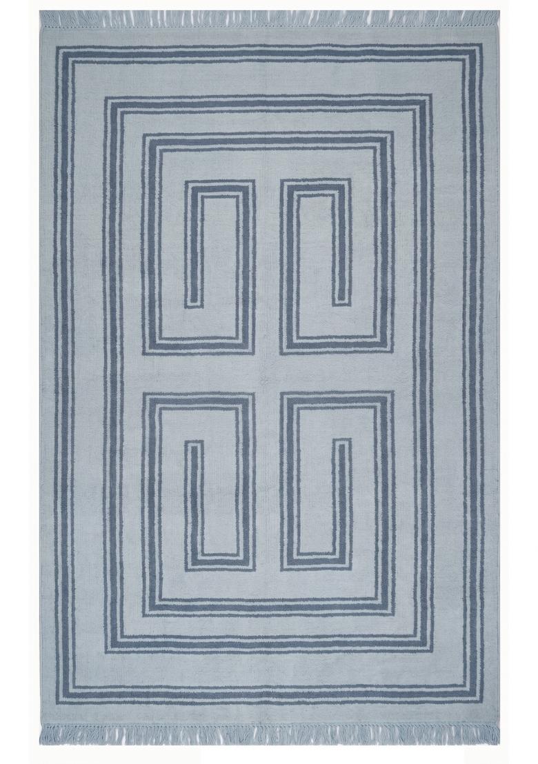 Saffron Rugs Flat Woven Light Blue Grey Geometric Bohemian Rectangular Wool Area Rug - Indya