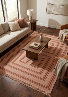 Saffron Rugs Flat Woven Terracotta Peach Geometric Contemporary Rectangular Wool Area Rug
