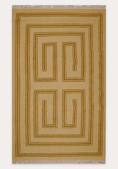 100% Wool Handmade Mustard Yellow Rug | Contemporary Geometric Flat Weave Reversible Carpet For Living Room