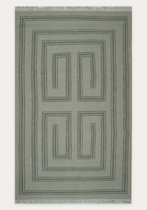 100% Wool Handmade Sage Green Rug | Contemporary Geometric Flat Weave Reversible Carpet For Living Room