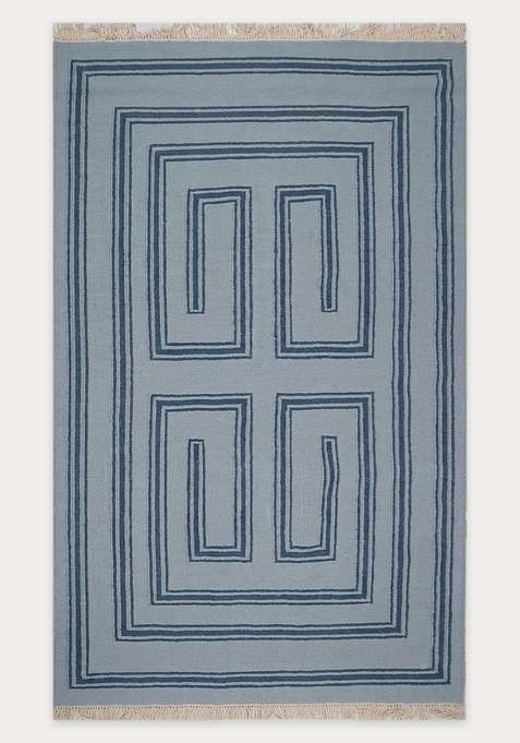 100% Wool Handmade Light Blue Rug | Contemporary Geometric Flat Weave Reversible Carpet For Living Room
