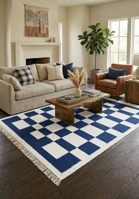 Saffron Rugs Flat Woven Navy Blue Checkered Contemporary Rectangular Wool Area Rug