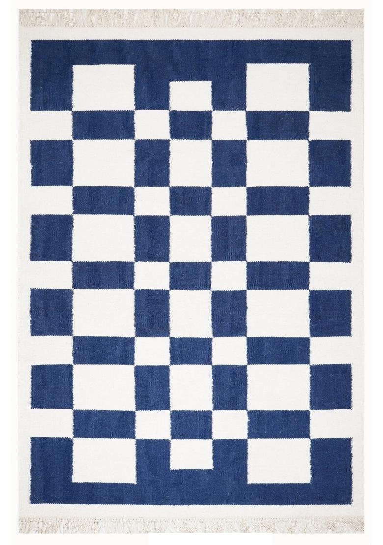 Saffron Rugs Flat Woven Navy Blue Checkered Contemporary Rectangular Wool Area Rug - Indya