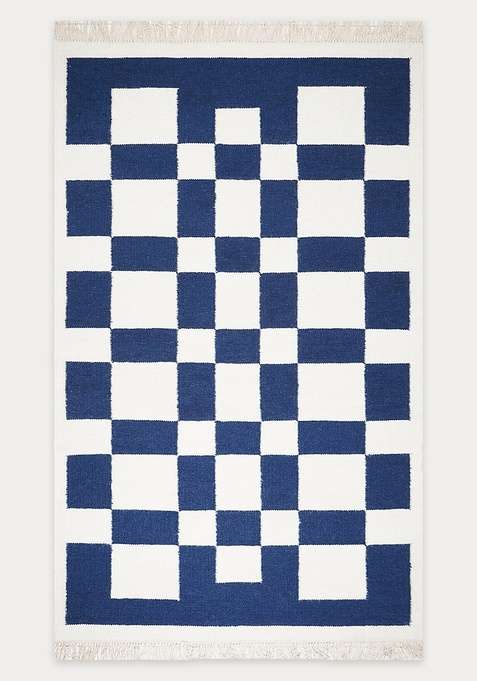 100% Wool Handmade Navy Blue Rug | Contemporary Checkered Flat Weave Reversible Carpet For Living Room