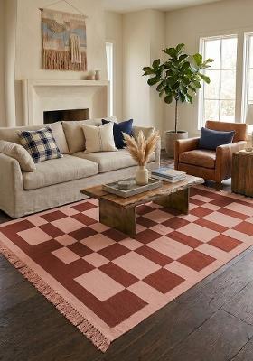 Saffron Rugs Flat Woven Rust And Pink Checkered Contemporary Rectangular Wool Area Rug