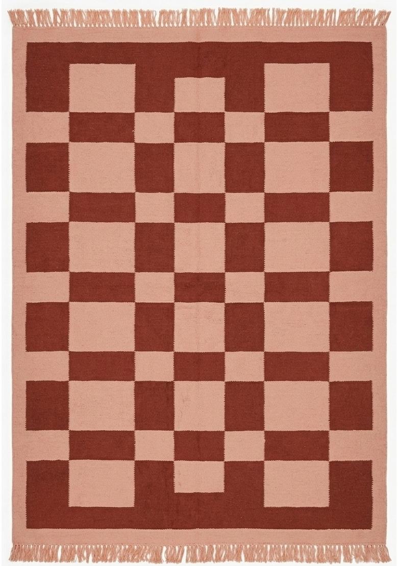 Saffron Rugs Flat Woven Rust And Pink Checkered Contemporary Rectangular Wool Area Rug - Indya