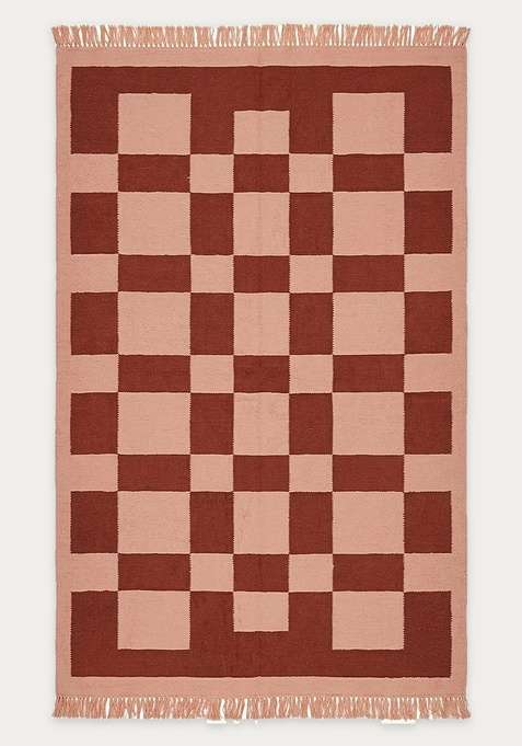 100% Wool Handmade Rust And Pink Rug | Contemporary Checkered Flat Weave Reversible Carpet For Living Room