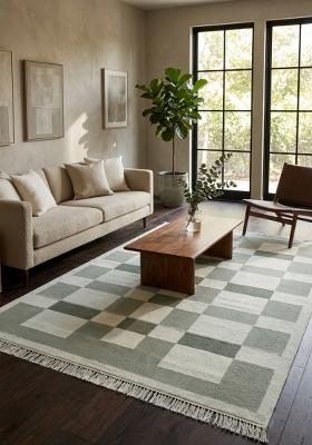 Saffron Rugs Flat Woven Sage Green Checkered Contemporary Rectangular Wool Area Rug