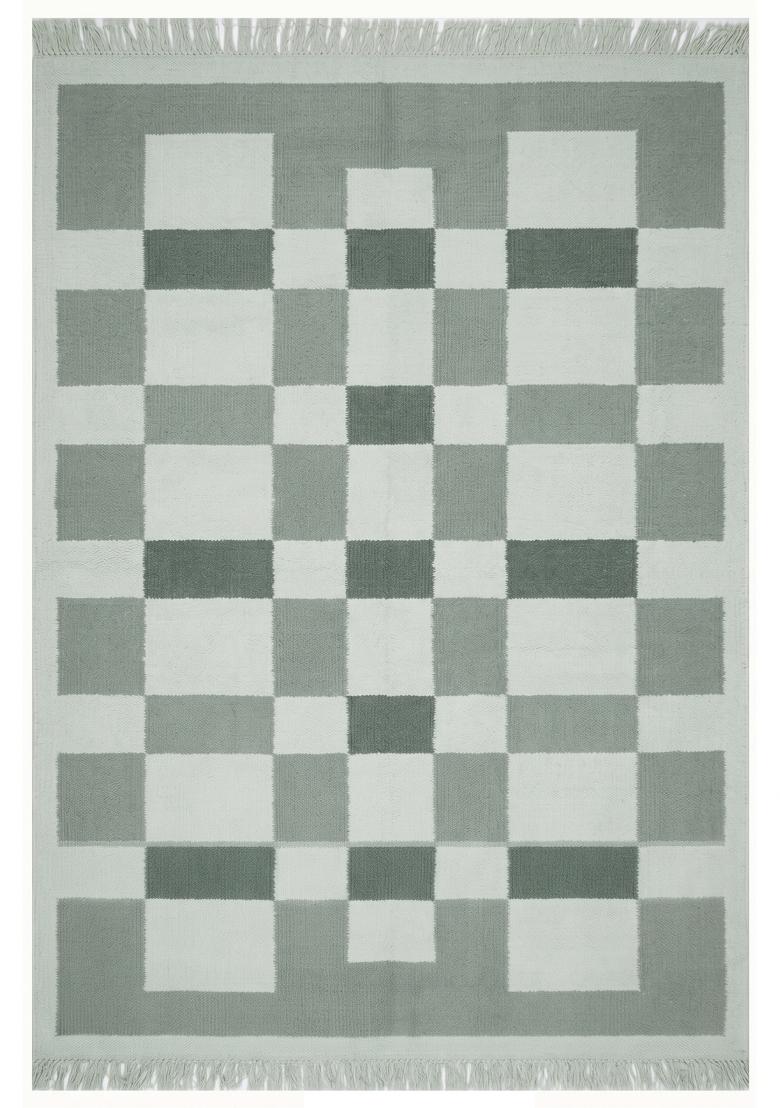 Saffron Rugs Flat Woven Sage Green Checkered Contemporary Rectangular Wool Area Rug - Indya