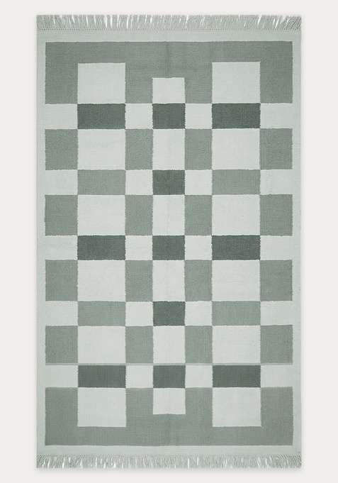 100% Wool Handmade Sage Green Rug | Contemporary Checkered Flat Weave Reversible Carpet For Living Room